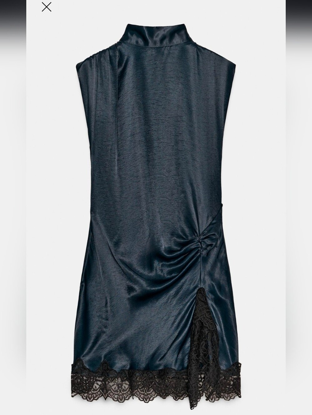 Zara Navy Blue Satin Viscose Lace Mini Dress Mock Neck Size S NWT - Picture 3 of 14